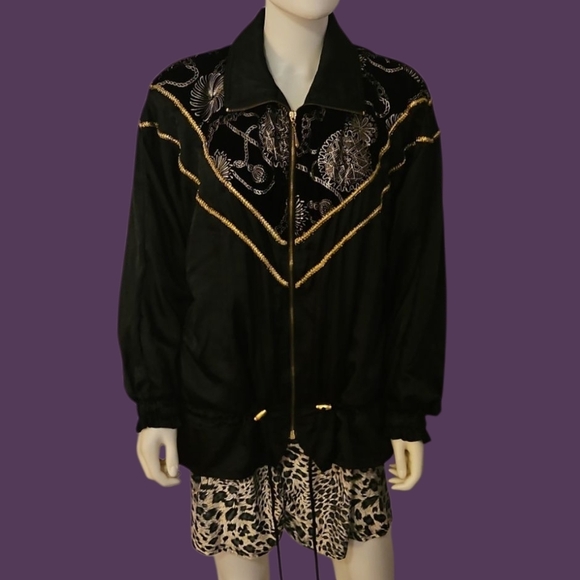 Vtg LAVON 1990s Black and Gold Oversized Metallic Swishy Track Jacket - Picture 1 of 11